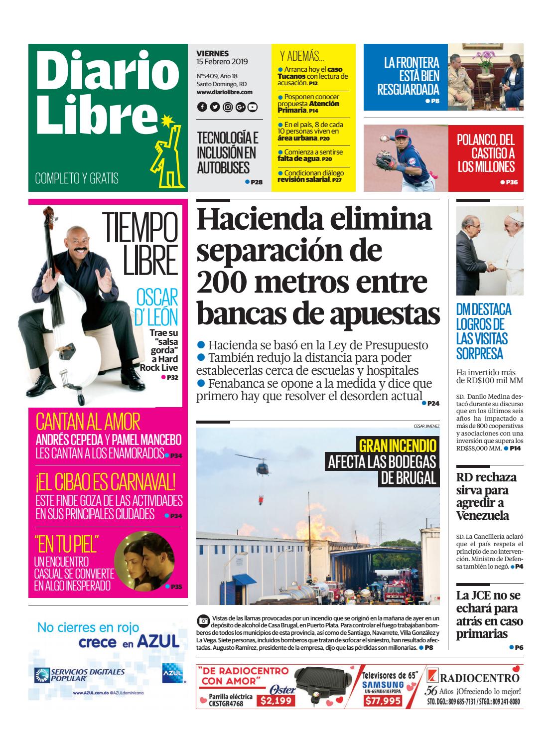 Portada Periódico Diario Libre, Viernes 15 de Febrero 2019