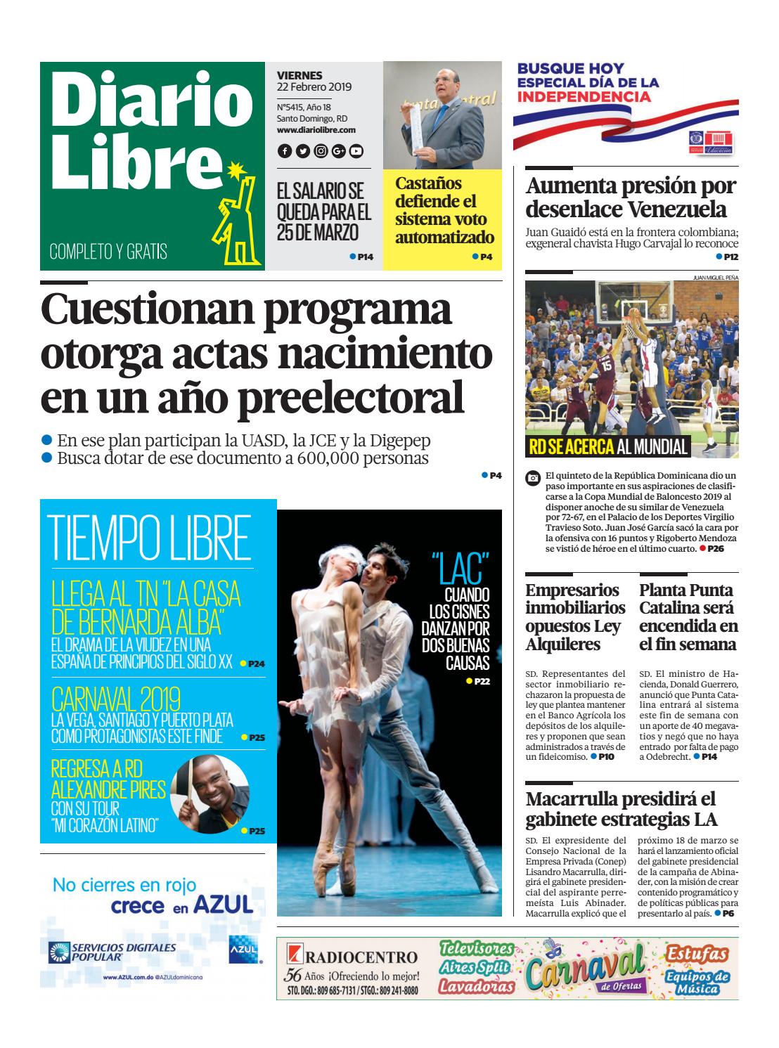 Portada Periódico Diario Libre, Viernes 22 de Febrero 2019