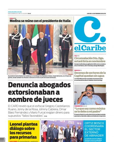 Portada Periódico El Caribe, Jueves 14 de Febrero 2019