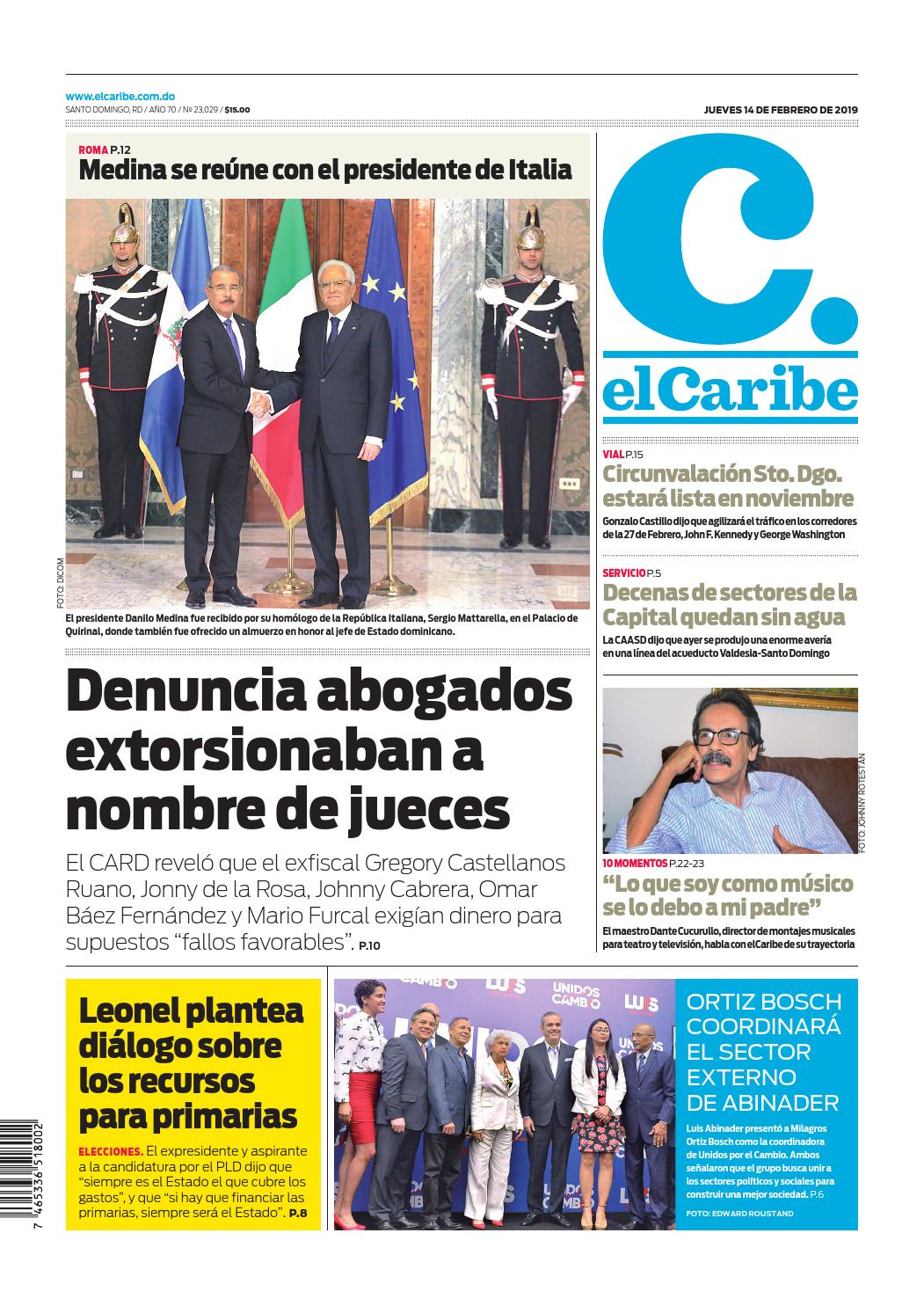 Portada Periódico El Caribe, Jueves 14 de Febrero 2019
