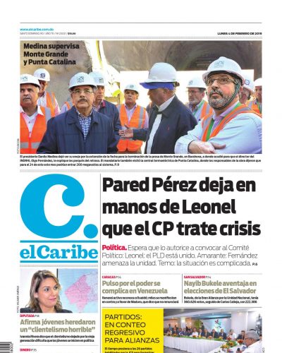 Portada Periódico El Caribe, Lunes 04 de Febrero 2019
