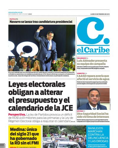 Portada Periódico El Caribe, Lunes 18 de Febrero 2019