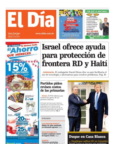 Portada Periódico El Día, Jueves 14 de Febrero 2019