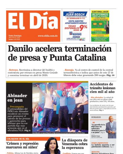 Portada Periódico El Día, Lunes 04 de Febrero 2019