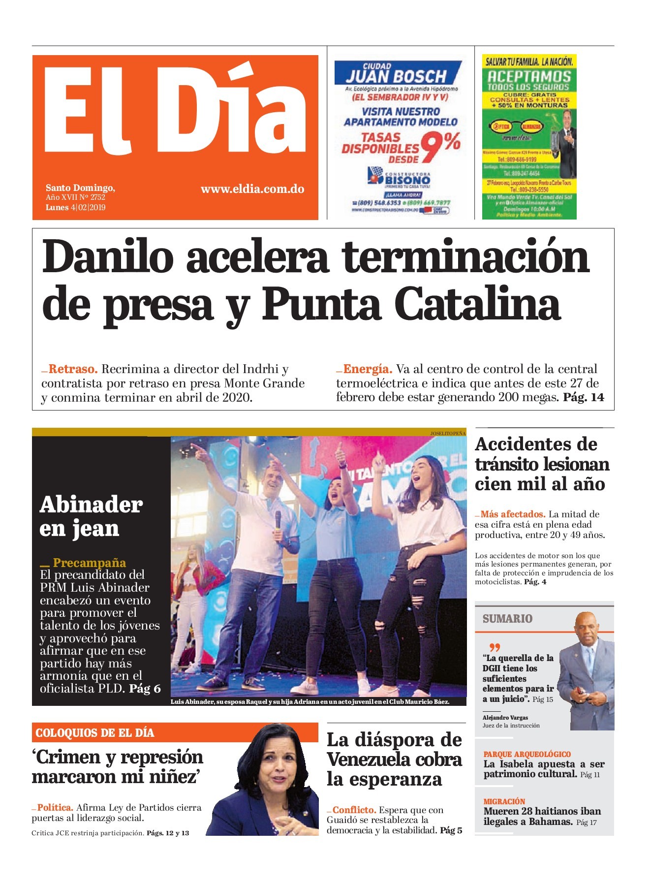 Portada Periódico El Día, Lunes 04 de Febrero 2019