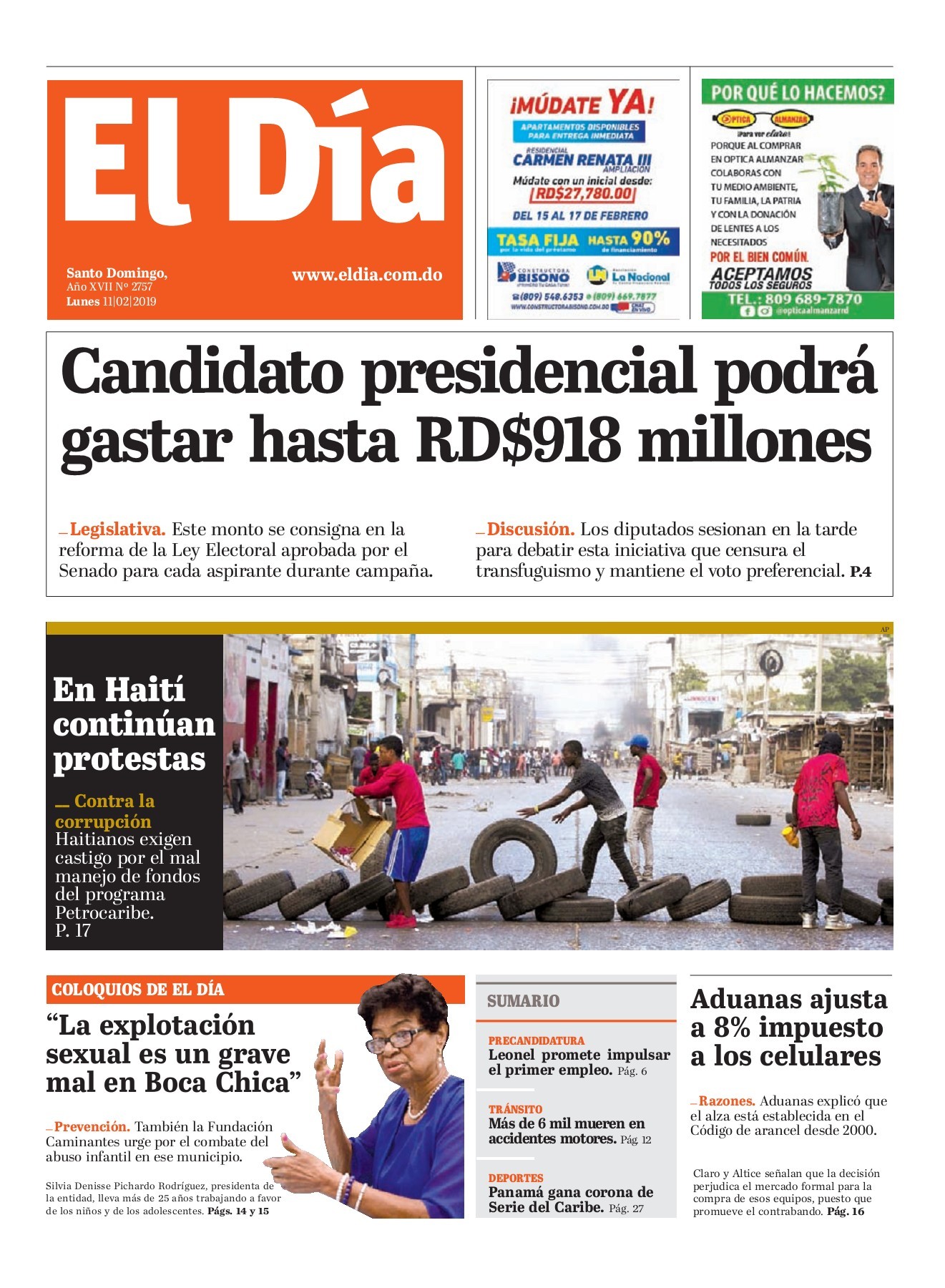 Portada Periódico El Día, Lunes 11 de Febrero 2019