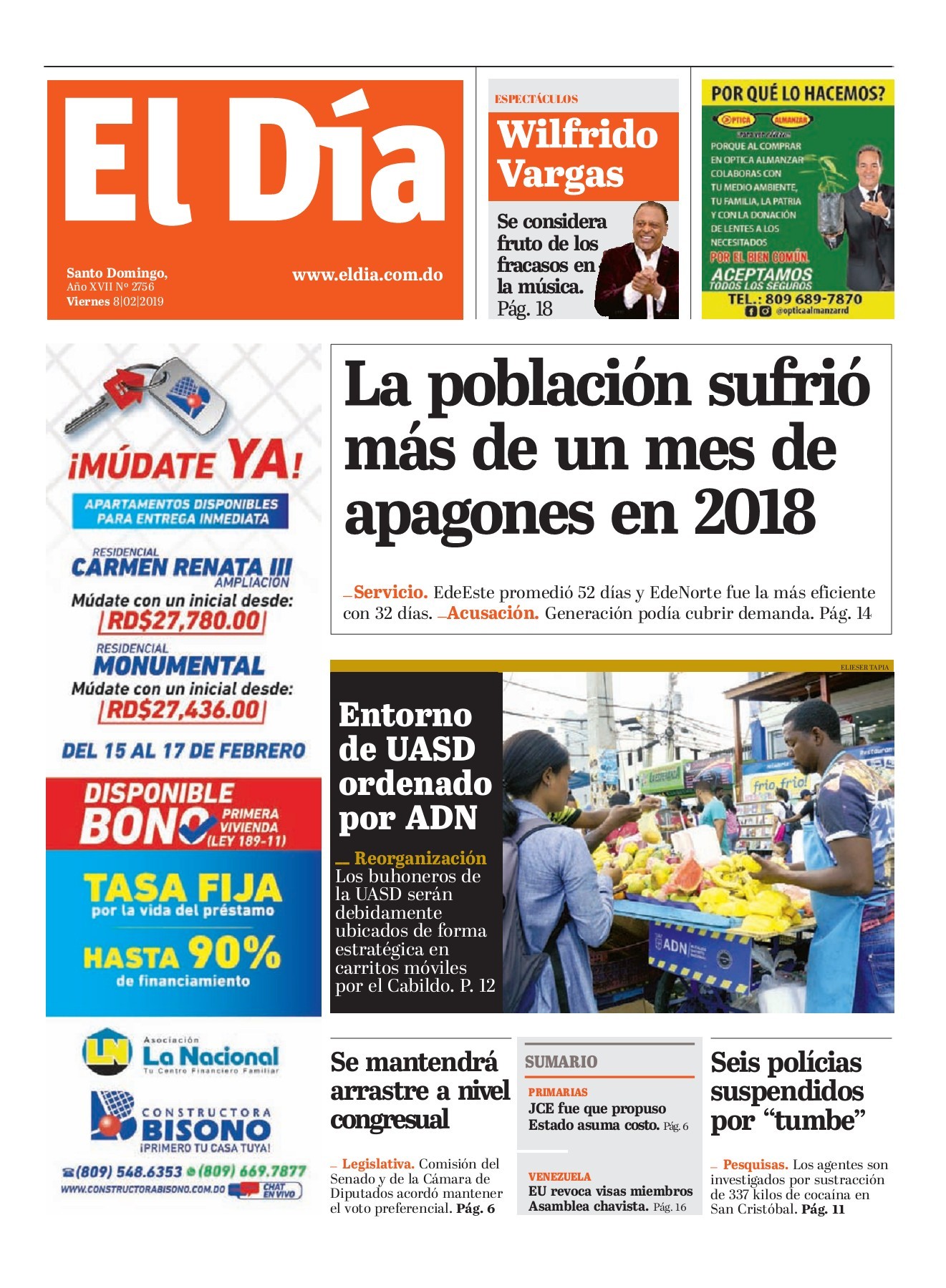 Portada Periódico El Día, Viernes 08 de Febrero 2019