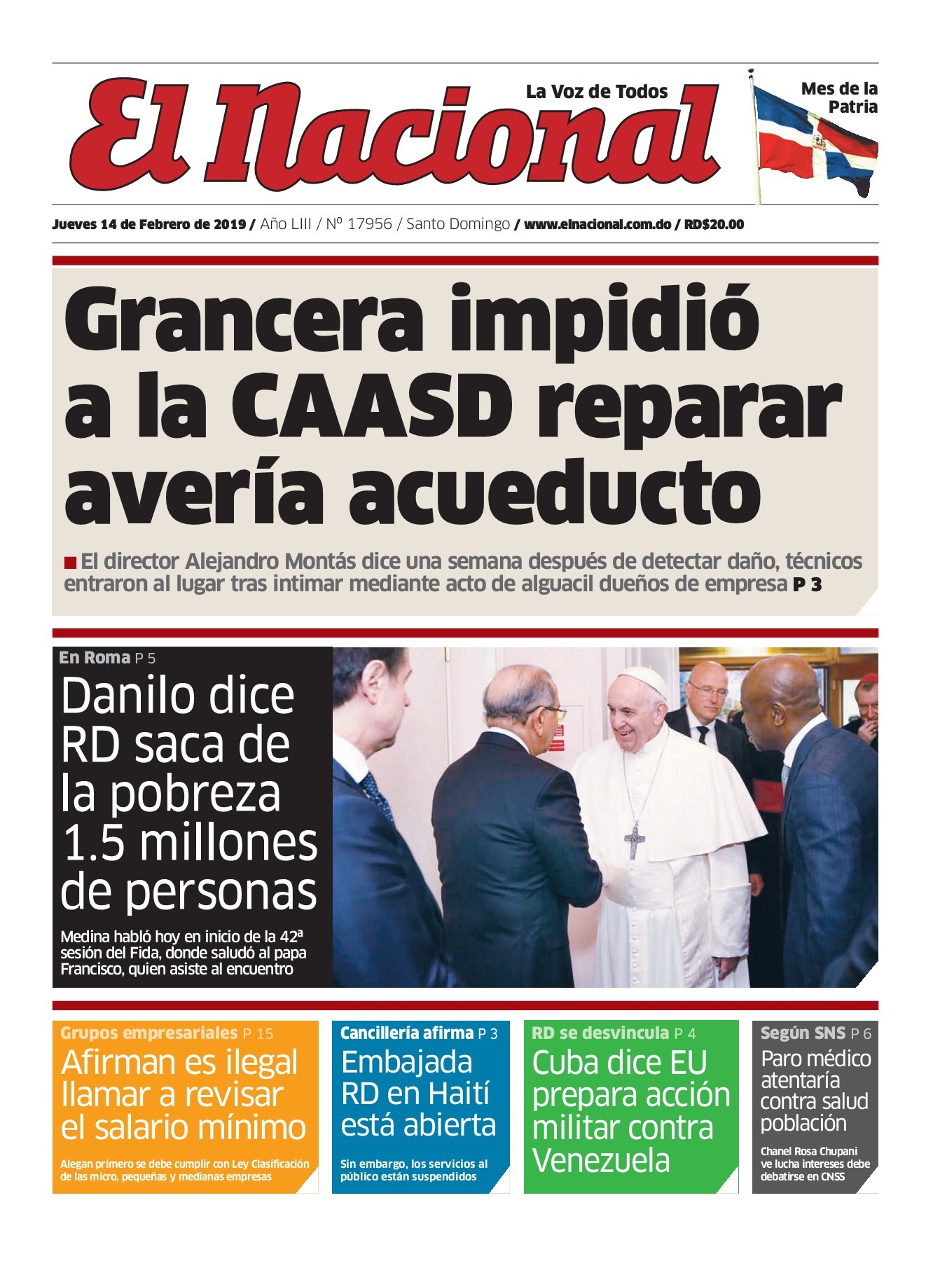 Portada Periódico El Nacional, Jueves 14 de Febrero 2019