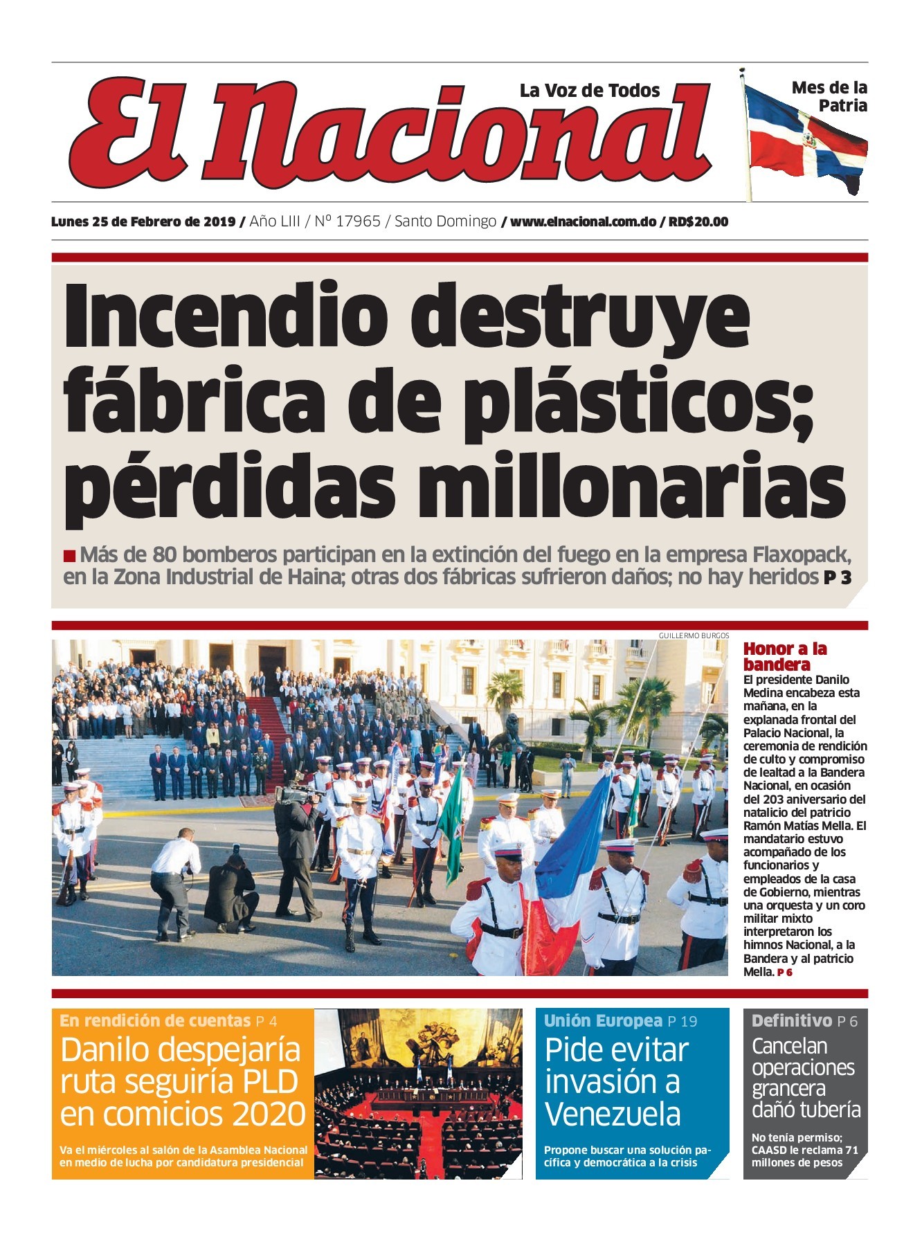 Portada Periódico El Nacional, Lunes 25 de Febrero 2019