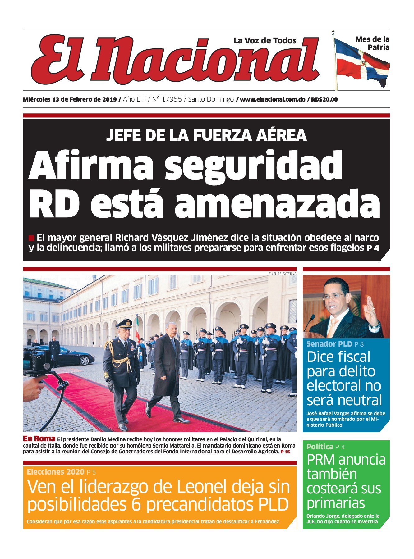 Portada Periódico El Nacional, Miércoles 13 de Febrero 2019