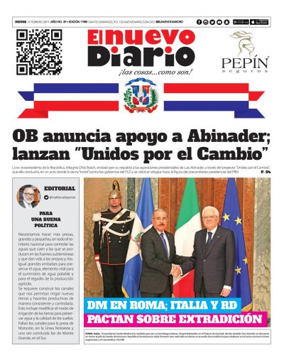 Portada Periódico El Nuevo Diario, Jueves 14 de Febrero 2019