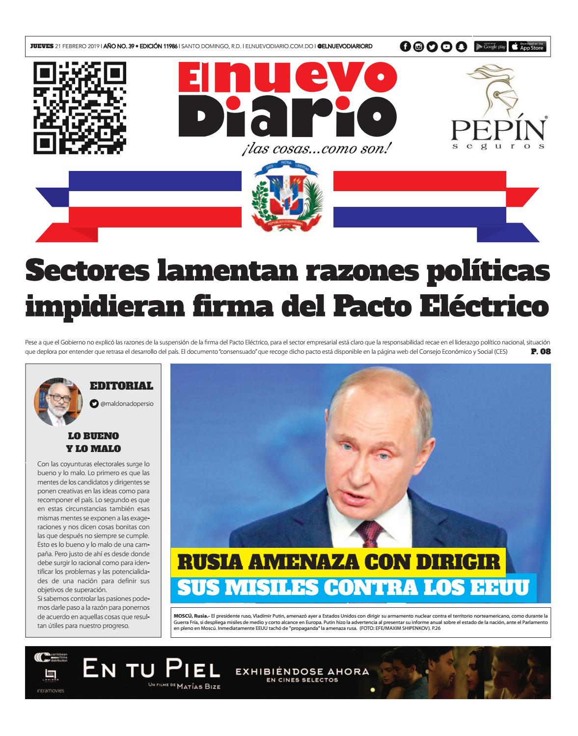 Portada Periódico El Nuevo Diario, Jueves 21 de Febrero 2019