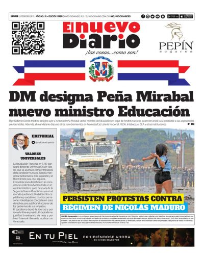 Portada Periódico El Nuevo Diario, Lunes 25 de Febrero 2019