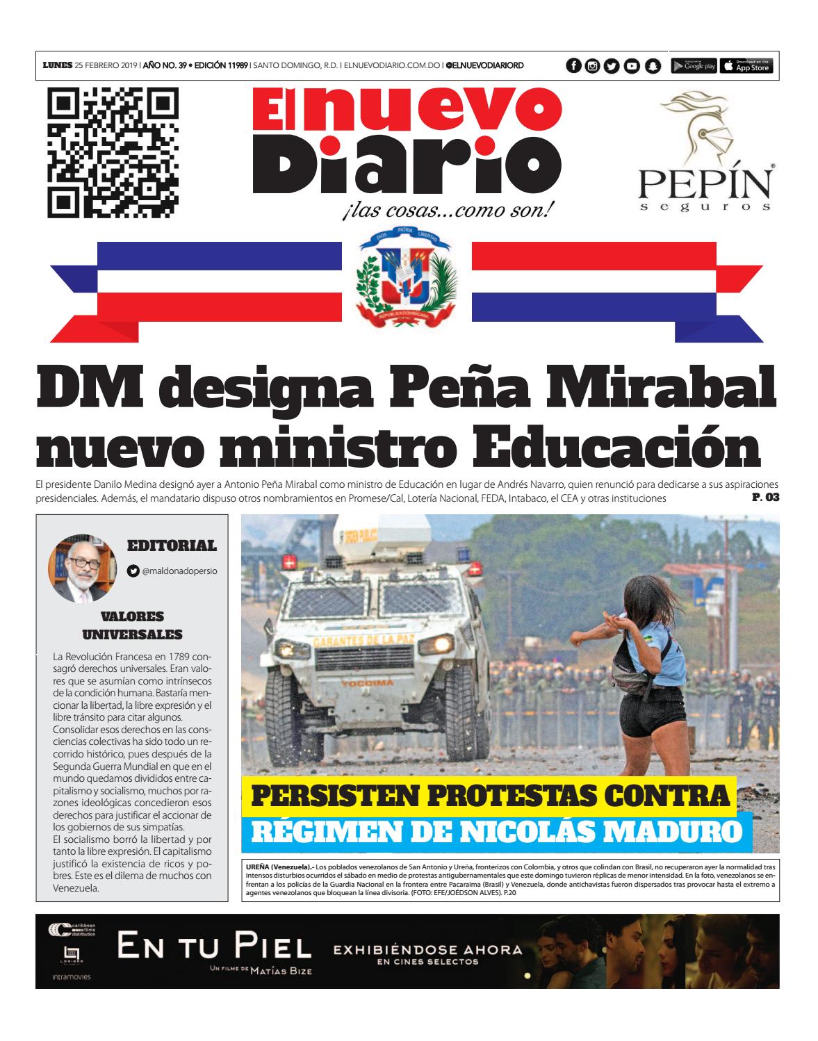 Portada Periódico El Nuevo Diario, Lunes 25 de Febrero 2019