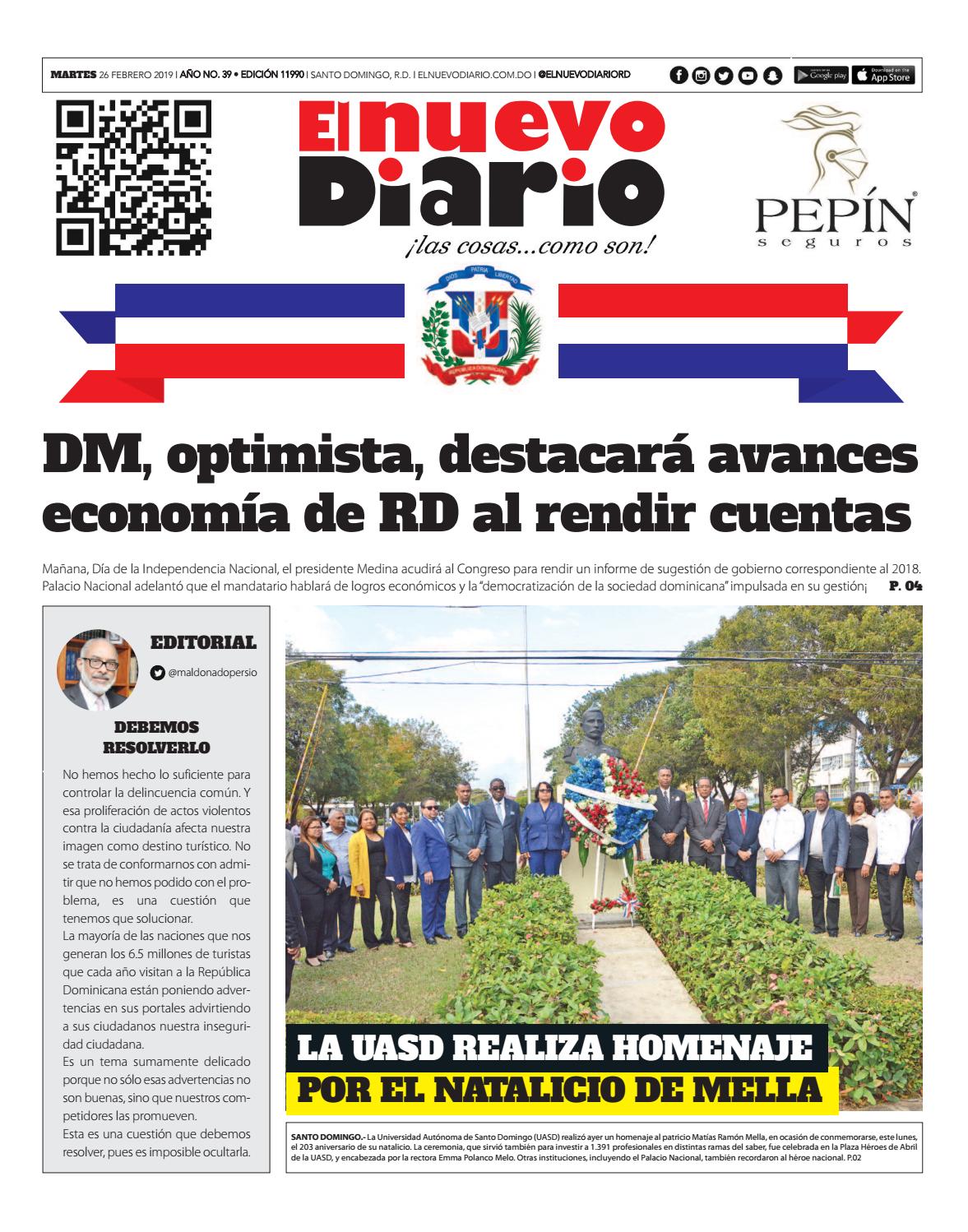 Portada Periódico El Nuevo Diario, Martes 26 de Febrero 2019