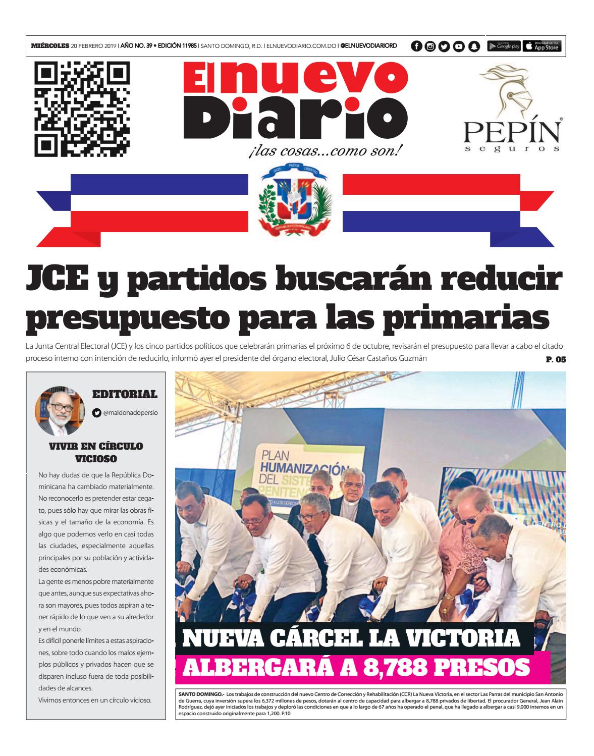 Portada Periódico El Nuevo Diario, Miércoles 20 de Febrero 2019