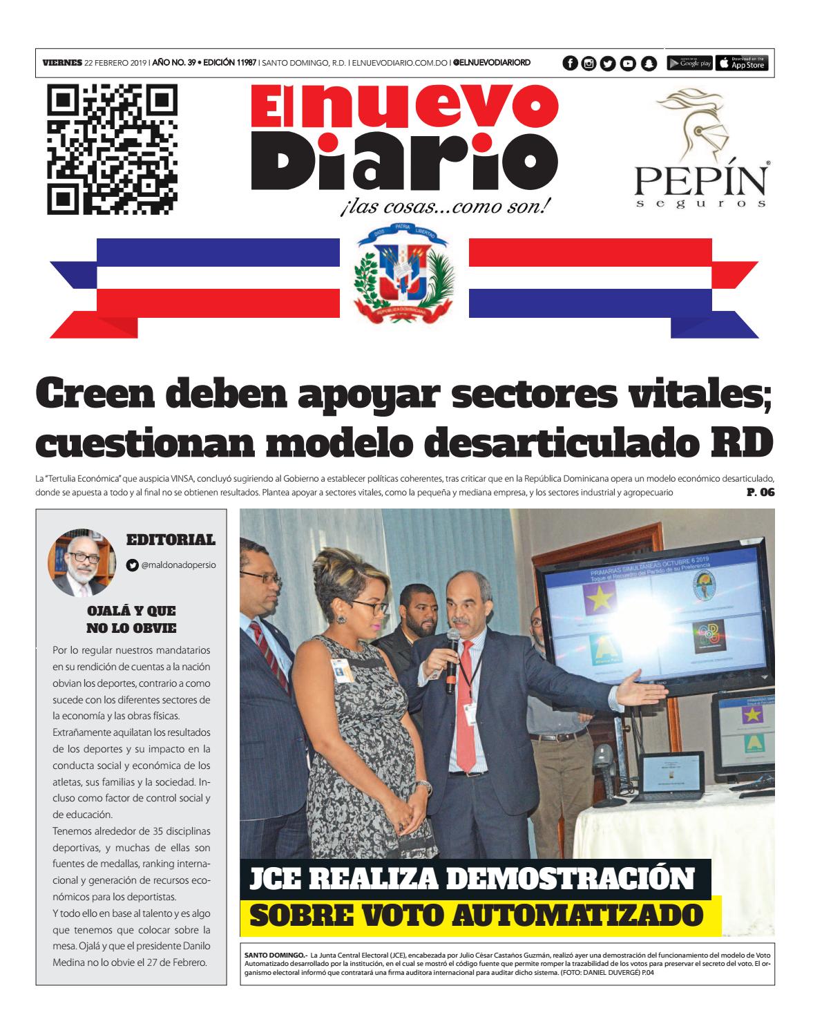 Portada Periódico El Nuevo Diario, Viernes 22 de Febrero 2019
