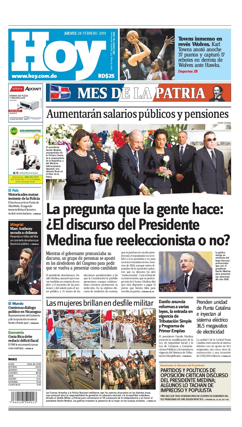 Portada Periódico Hoy, Jueves 28 de Febrero 2019