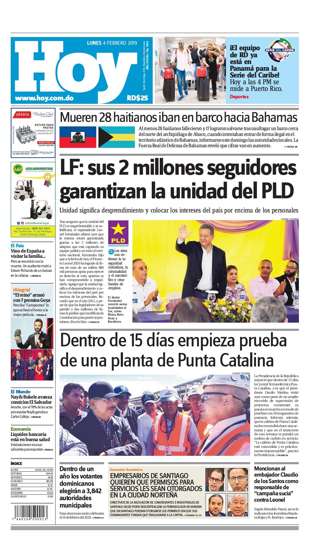 Portada Periódico Hoy, Lunes 04 de Febrero 2019