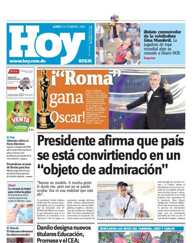 Portada Periódico Hoy, Lunes 25 de Febrero 2019
