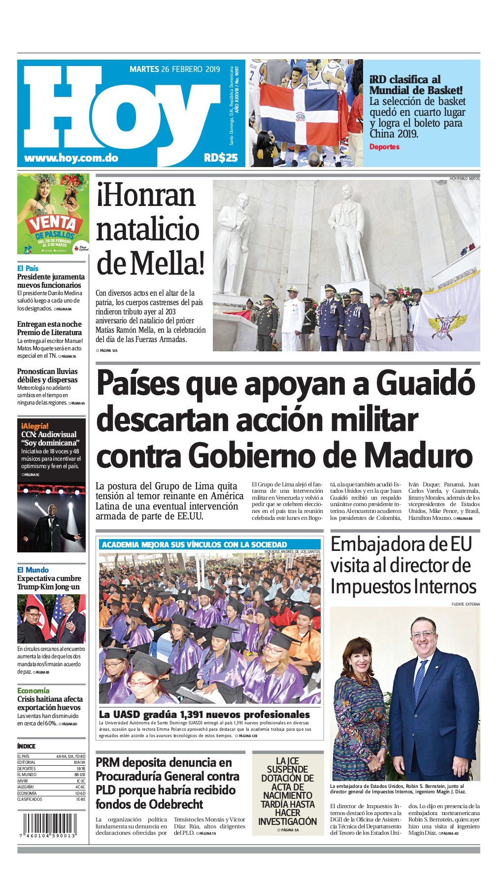 Portada Periódico Hoy, Martes 26 de Febrero 2019