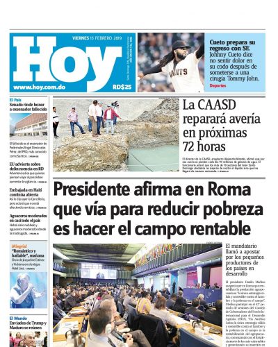 Portada Periódico Hoy, Viernes 15 de Febrero 2019