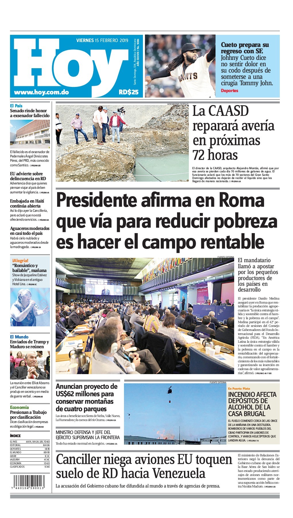 Portada Periódico Hoy, Viernes 15 de Febrero 2019