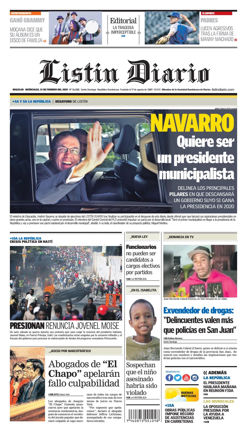 Portada Periódico Listín Diario, Jueves 14 de Febrero 2019