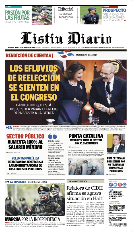 Portada Periódico Listín Diario, Jueves 28 de Febrero 2019