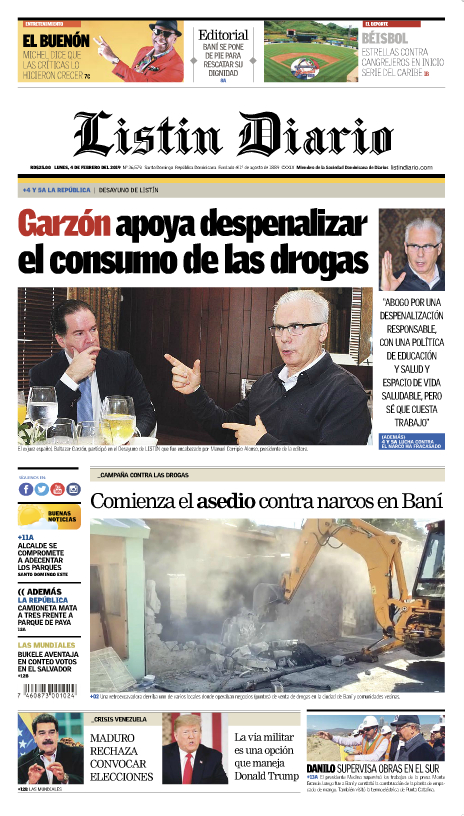 Portada Periódico Listín Diario, Lunes 04 de Febrero 2019
