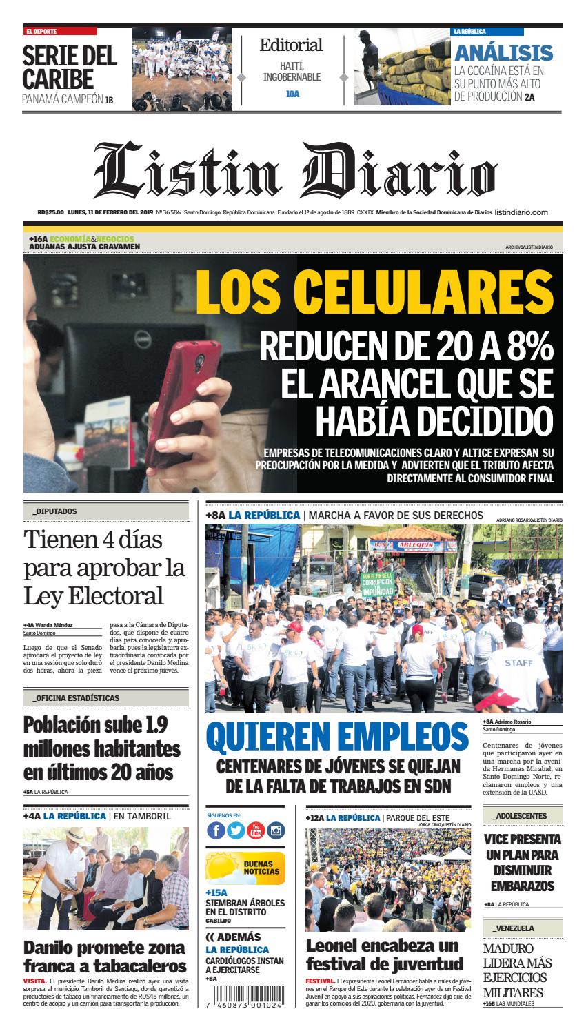 Portada Periódico Listín Diario, Lunes 11 de Febrero 2019
