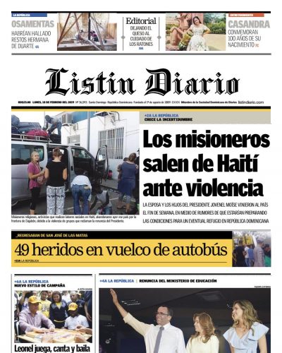 Portada Periódico Listín Diario, Lunes 18 de Febrero 2019