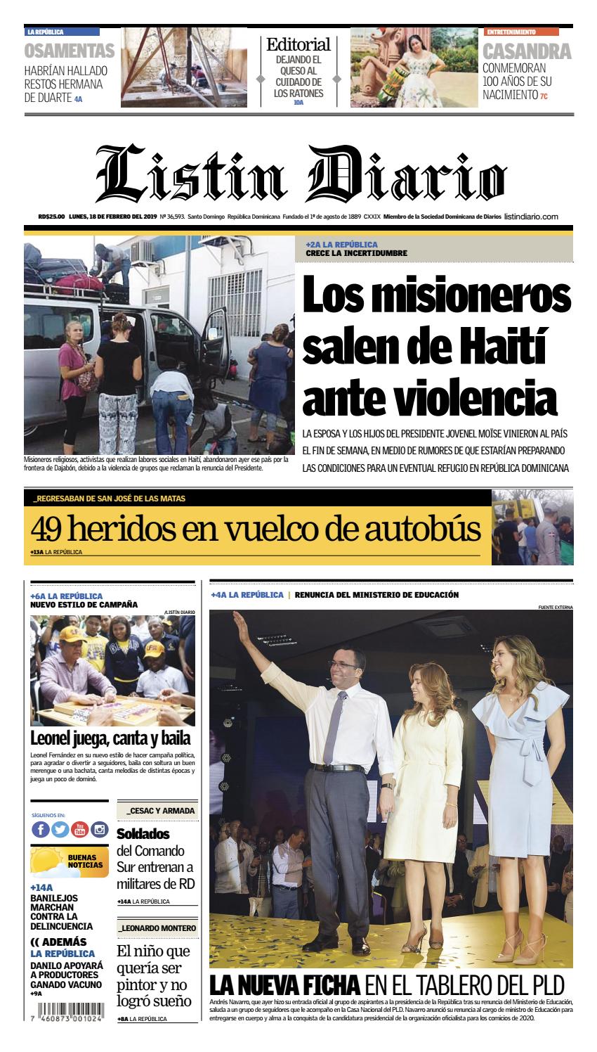 Portada Periódico Listín Diario, Lunes 18 de Febrero 2019