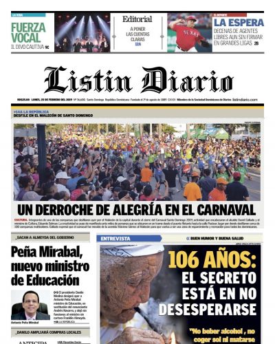 Portada Periódico Listín Diario, Lunes 25 de Febrero 2019