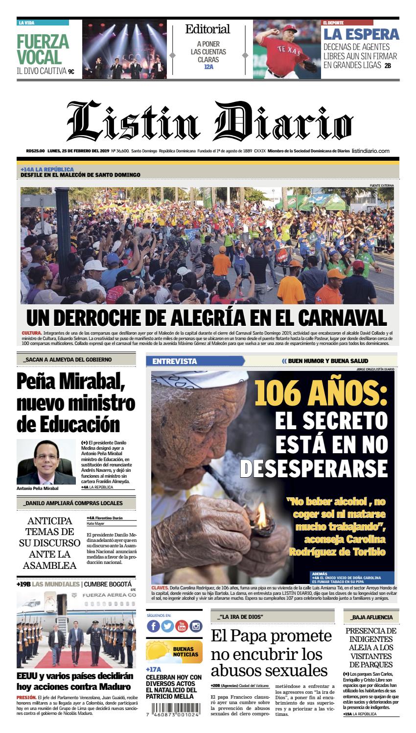Portada Periódico Listín Diario, Lunes 25 de Febrero 2019