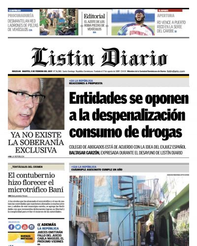 Portada Periódico Listín Diario, Martes 05 de Febrero 2019