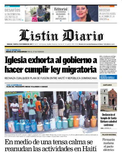 Portada Periódico Listín Diario, Martes 19 de Febrero 2019