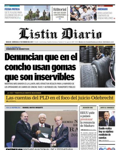 Portada Periódico Listín Diario, Miércoles 27 de Febrero 2019