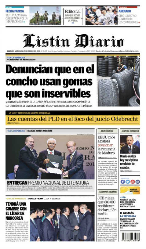 Portada Periódico Listín Diario, Miércoles 27 de Febrero 2019