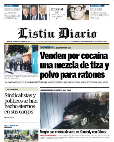 Portada Periódico Listín Diario, Sábado 02 de Febrero 2019