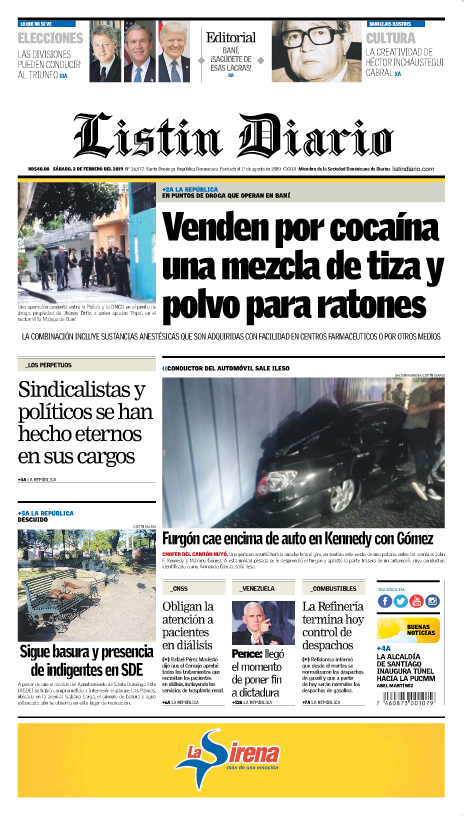 Portada Periódico Listín Diario, Sábado 02 de Febrero 2019
