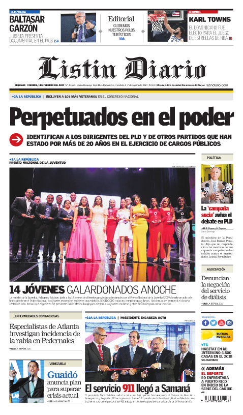Portada Periódico Listín Diario, Viernes 01 de Febrero 2019