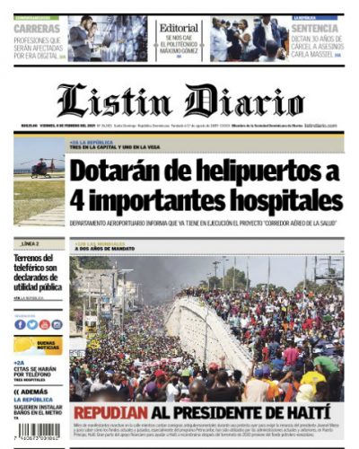 Portada Periódico Listín Diario, Viernes 08 de Febrero 2019