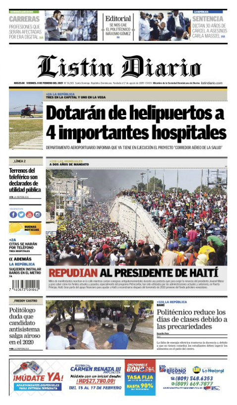 Portada Periódico Listín Diario, Viernes 08 de Febrero 2019