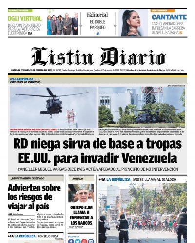Portada Periódico Listín Diario, Viernes 15 de Febrero 2019