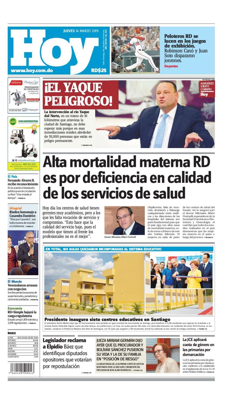 Portada Periódico Hoy, Jueves 14 de Marzo 2019 - Dominicana.do