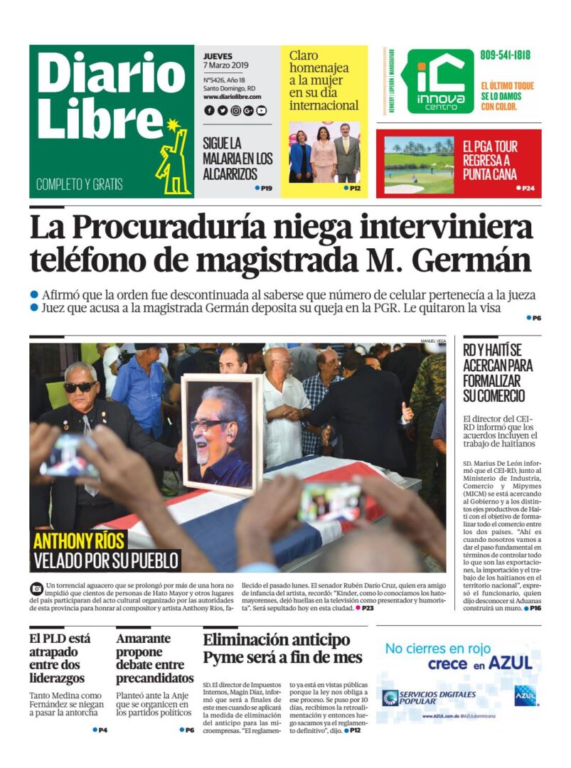 Portada Periódico Diario Libre, Jueves 07 de Marzo 2019
