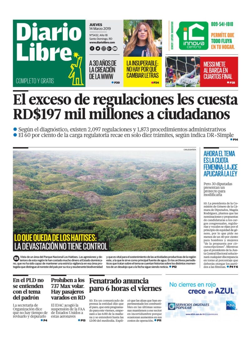 Portada Periódico Diario Libre, Jueves 14 de Marzo 2019