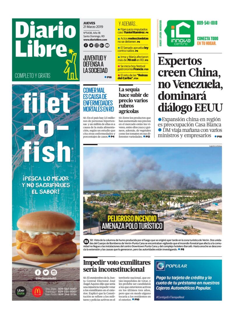 Portada Periódico Diario Libre, Jueves 21 de Marzo 2019