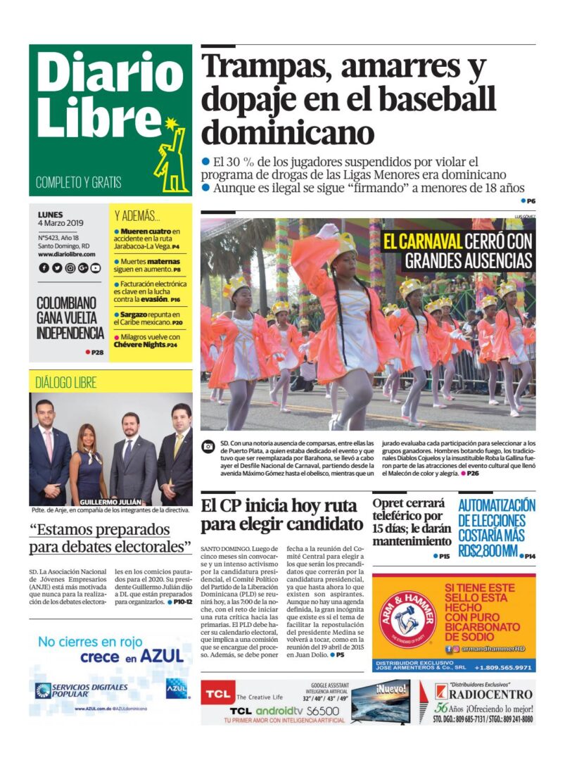 Portada Periódico Diario Libre, Lunes 04 de Marzo 2019